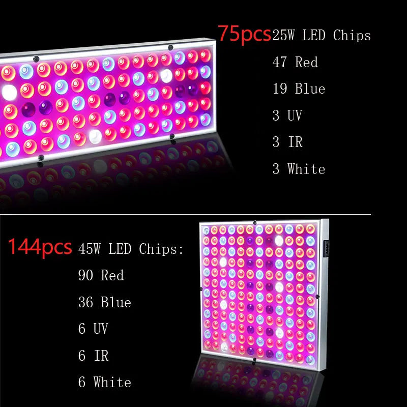 Luces LED de espectro completo para cultivo de plantas de interior, semillas, tienda de campaña con invernadero de flores, lámparas de iluminación para plantas hidropónicas, 144 Chips